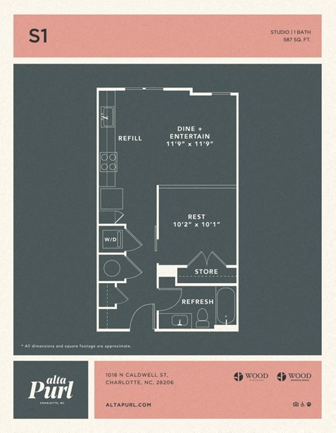 Floor plan for 1 bed, 1 bath, 591 sqft